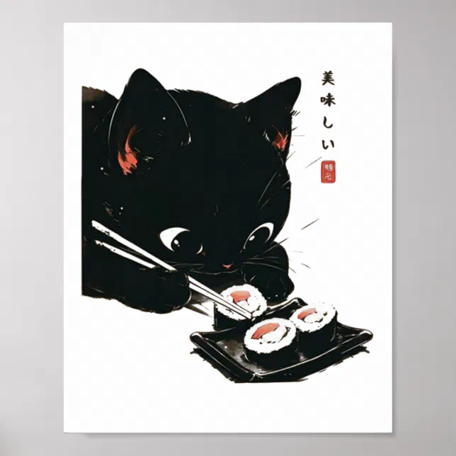 Black Cat Eating Sushi - Cat Japanese Art Poster | Zazzle