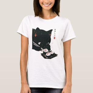 Black Cat Eating Sushi - Cat Japanese Art T-Shirt