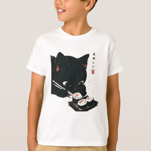Black Cat Eating Sushi - Cat Japanese Art T-Shirt