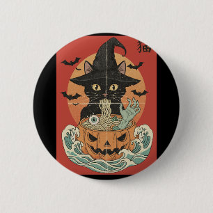 Black cat eats Japanese ramen for Halloween Button