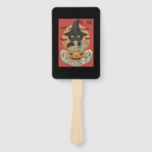 Black cat eats Japanese ramen for Halloween Hand Fan