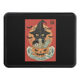 Black cat eats Japanese ramen for Halloween Hitch Cover