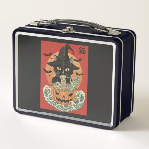Black cat eats Japanese ramen for Halloween Metal Lunch Box