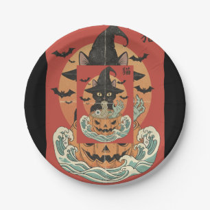 Black cat eats Japanese ramen for Halloween Paper Plates