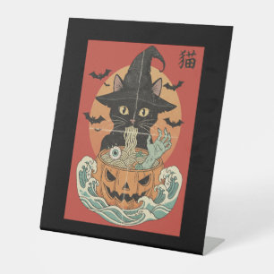 Black cat eats Japanese ramen for Halloween Pedestal Sign