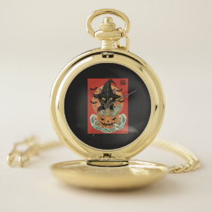 Black cat eats Japanese ramen for Halloween Pocket Watch