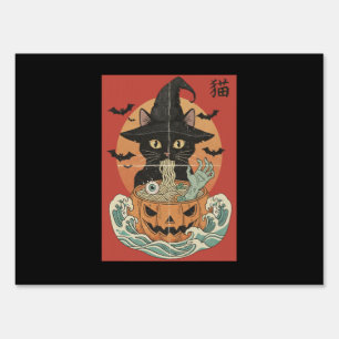 Black cat eats Japanese ramen for Halloween Sign