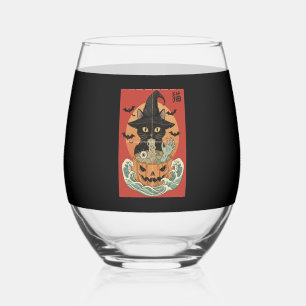Black cat eats Japanese ramen for Halloween Stemless Wine Glass