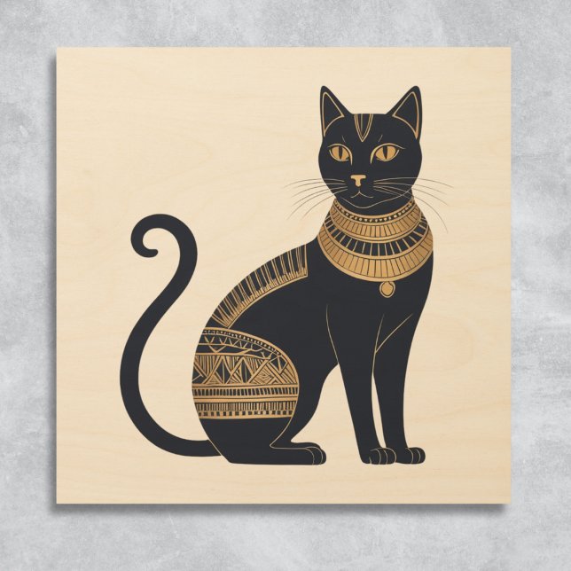 Black Cat Egyptian Inspired Elegant Feline Wood Wall Art (An elegant wood wall art picture, of an Egyptian-inspired black cat with faux gold decoration)