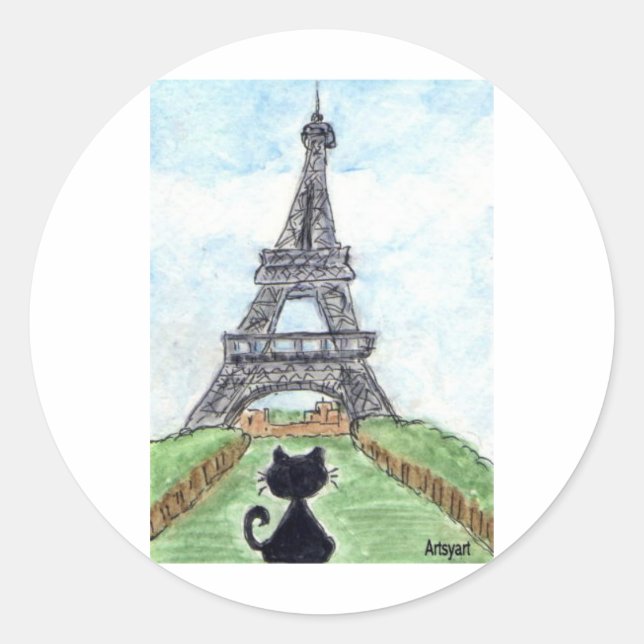 BLACK CAT EIFFEL TOWER CLASSIC ROUND STICKER (Front)