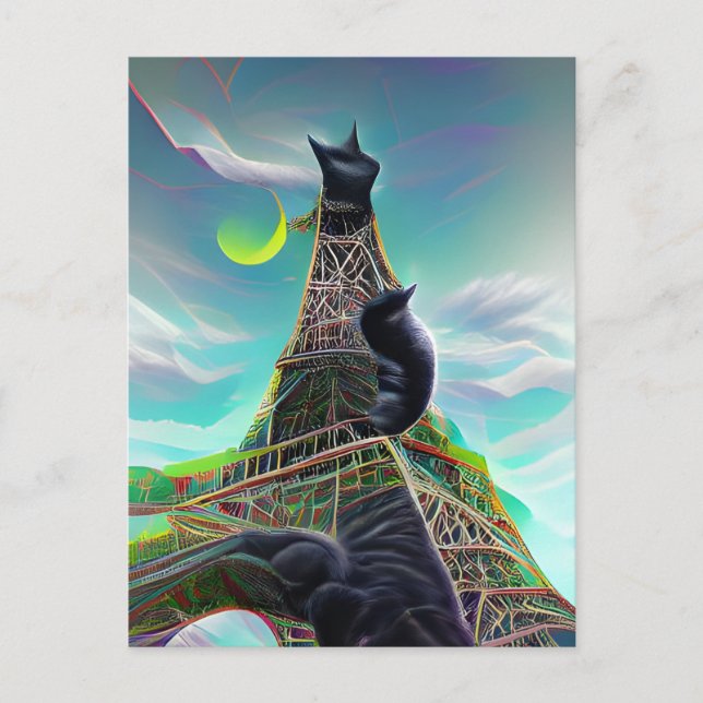 Black Cat Eiffel Tower Surreal Twilight Paris Moon Postcard (Front)