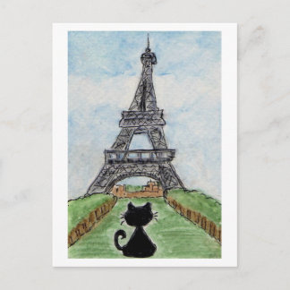 Black Cat Eiffel Tower Watercolour postcard