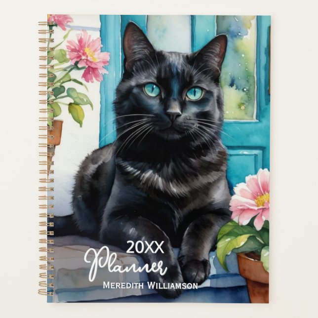 Black Cat Elegant Watercolor Custom Year Planner (Front)