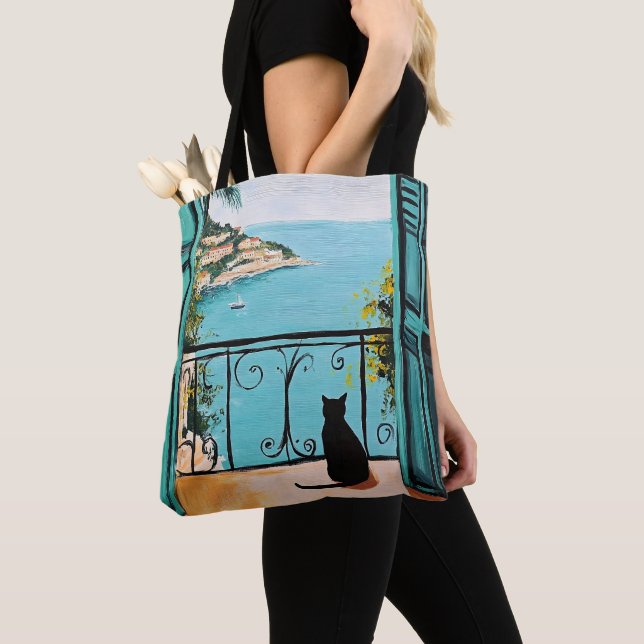 Black Cat Enjoying the Beautiful Sea Tote Bag (Close Up)