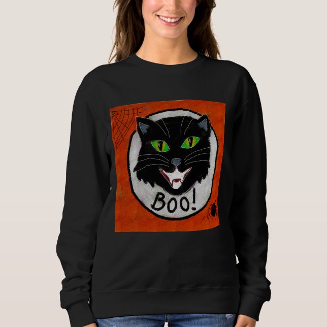 Black Cat Face Abstract Halloween Art to Wear Sweatshirt (Front)