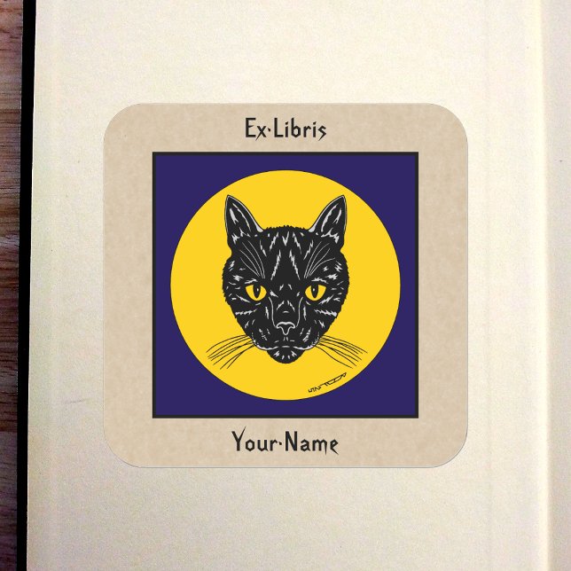 Black Cat Face Bookplate (Black Cat Face Bookplate in Old Book)