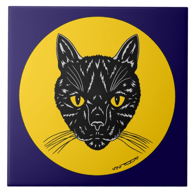 Black Cat Face Ceramic Tile (Front)