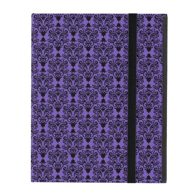 Black Cat Face Damask Pattern iPad Case (Front Closed)