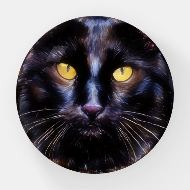 Black Cat Face Green Eyes Paperweight (Front)