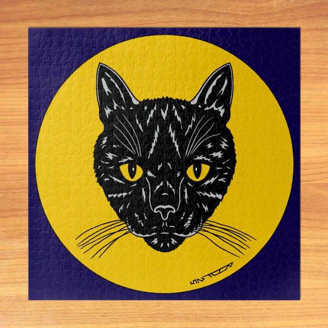 Black Cat Face Jigsaw Puzzle (Black Cat Face Puzzle on Table)