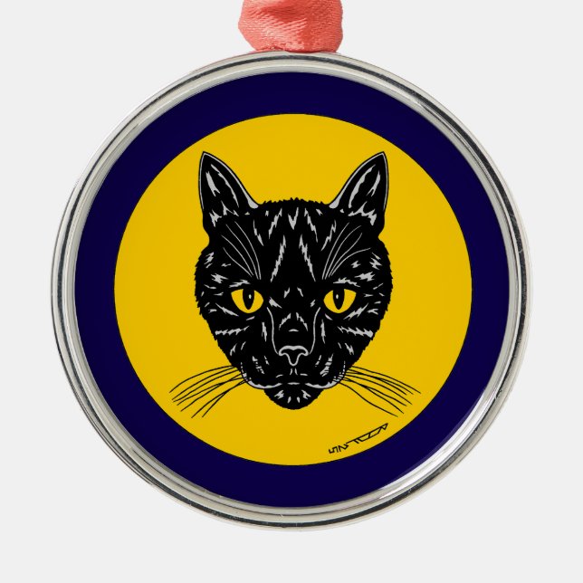 Black Cat Face Metal Ornament (Front)
