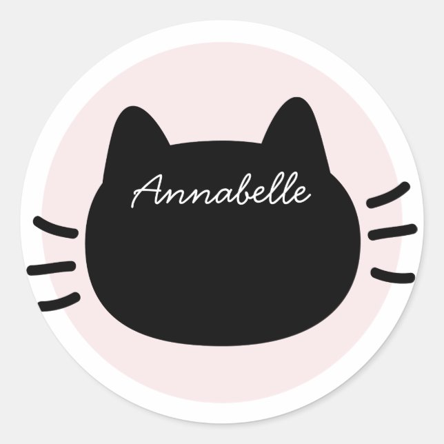 Black Cat Face Pink Name Classic Round Sticker (Front)