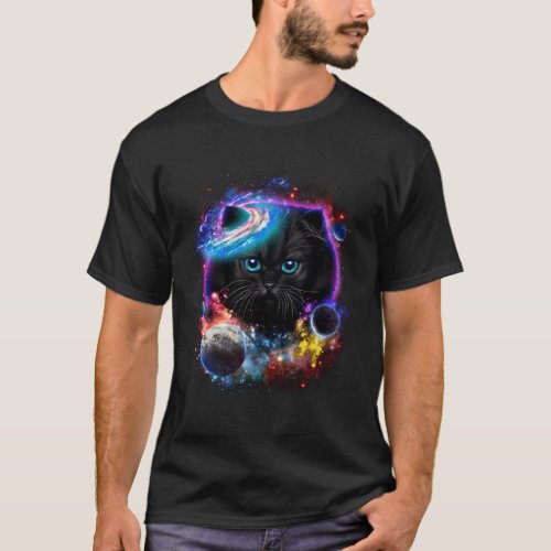 Black Cat Face Swirl In Planetary Galaxy Space And T_Shirt