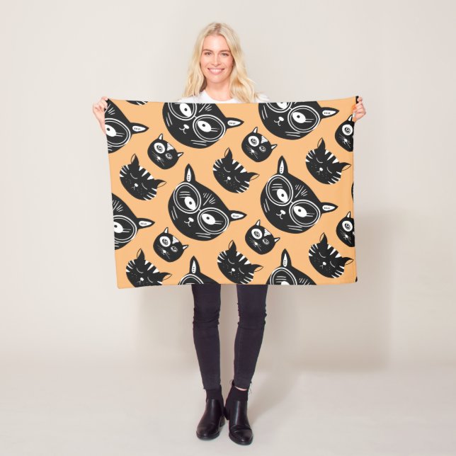 Black Cat Face With Funky Glasses pattern Fleece Blanket (In Situ)