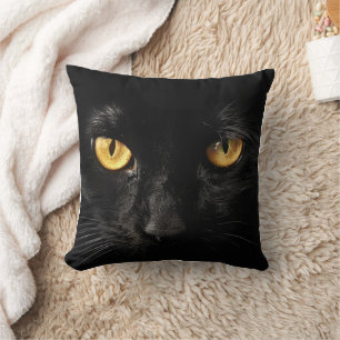 Black Cat Face With Gold Eyes Throw Pillow
