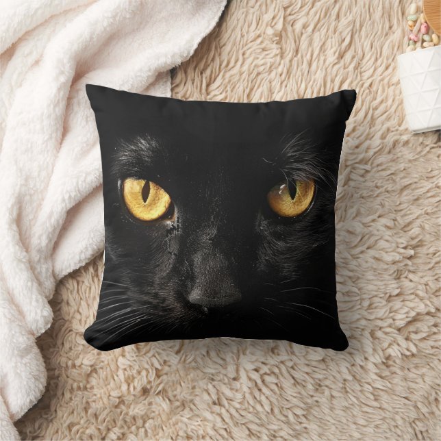 Black Cat Face With Gold Eyes  Throw Pillow (Blanket)