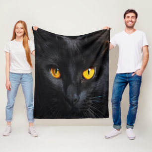 Black Cat Face With Shiny Yellow Eyes Fleece Blanket