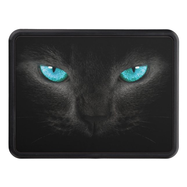 Black Cat Face with Turquoise Eyes Hitch Cover (Front)