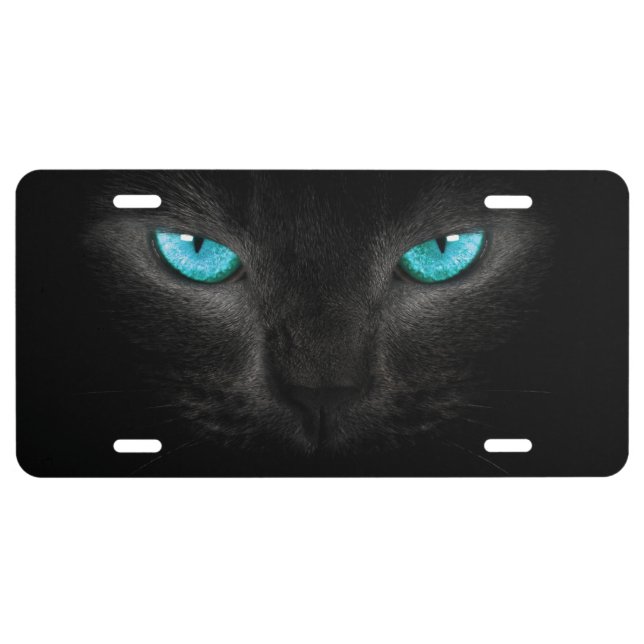 Black Cat Face with Turquoise Eyes License Plate (Front)
