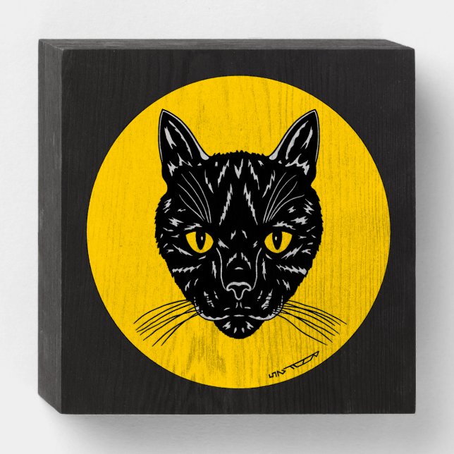 Black Cat Face Wooden Box Sign (Front Horizontal)