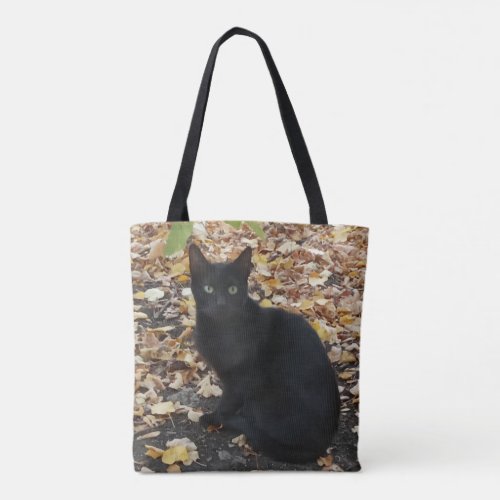 Black Cat Fall leaves Photography  Tote Bag