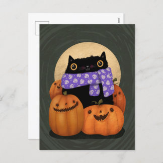 Black Cat Fall Season Happy Halloween Holiday Postcard