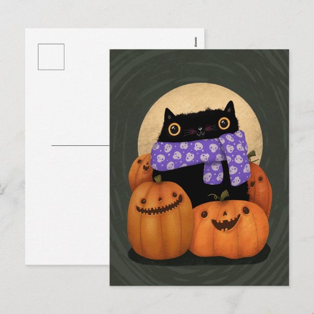Black Cat Fall Season Happy Halloween Holiday Postcard (Front/Back)