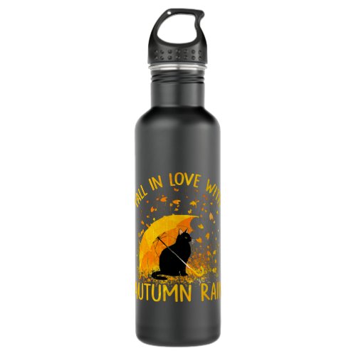 Black Cat Falling In Love With Autumn Rain Stainless Steel Water Bottle