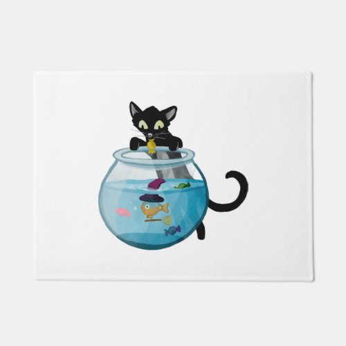 Black Cat Feeding Halloween Goldfish Doormat