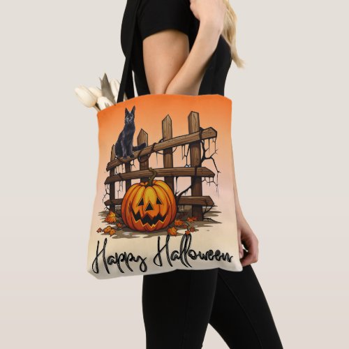 Black Cat Fence Jack_O Lantern Orange Halloween Tote Bag