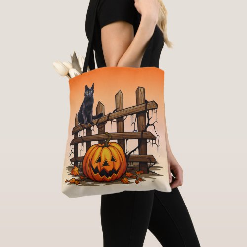 Black Cat Fence Jack_O Lantern Orange Halloween Tote Bag