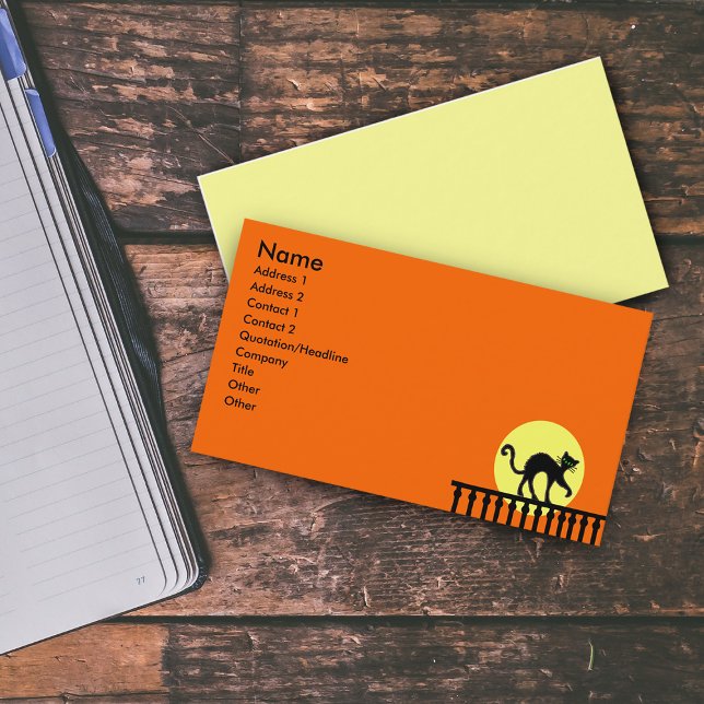 Black Cat Fence Moon Business Card (Black Cat on Fence with yellow full moon on vibrant orange business card.)