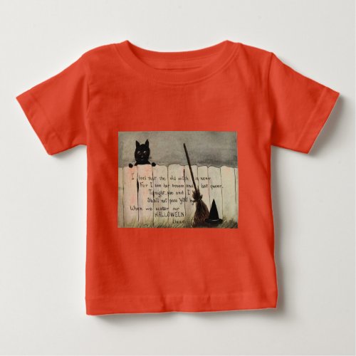 Black Cat Fence Witchs Broom Hat Baby T_Shirt