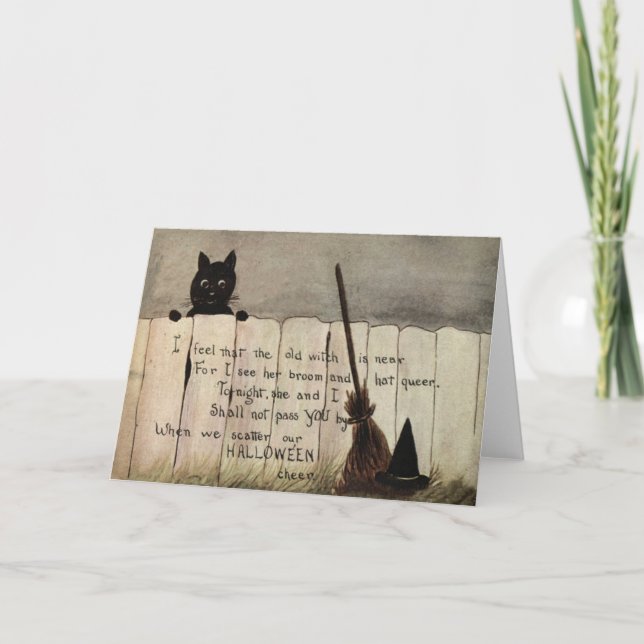 Black Cat Fence Witch's Broom Hat Card (Front)