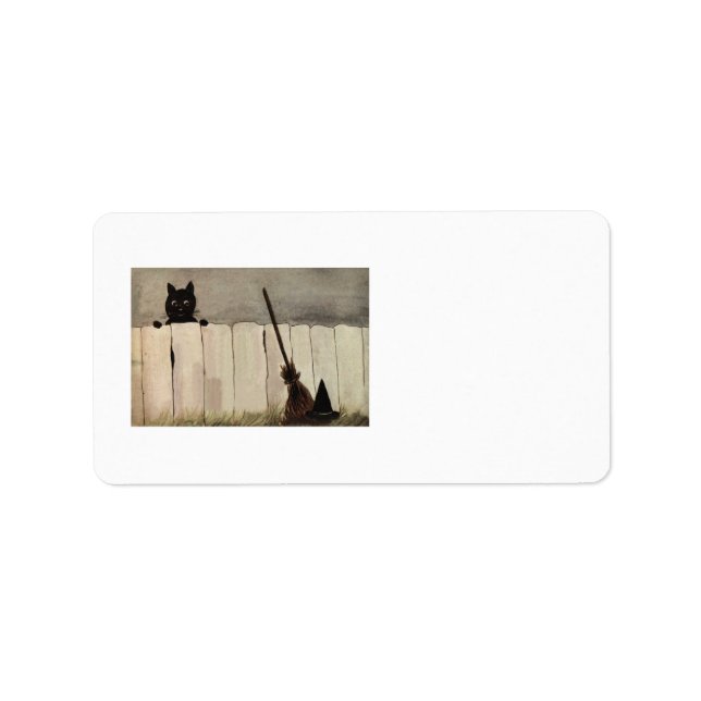 Black Cat Fence Witch's Broom Hat Label (Front)