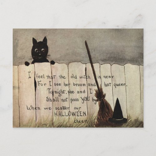 Black Cat Fence Witchs Broom Hat Postcard