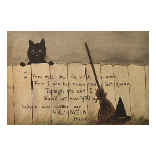 Black Cat Fence Witchs Broom Hat Wood Wall Decor