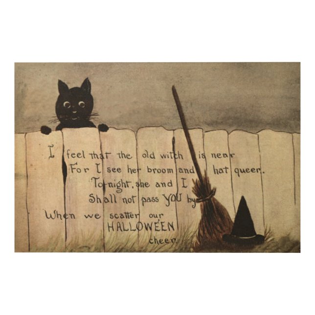 Black Cat Fence Witch's Broom Hat Wood Wall Decor (Front)