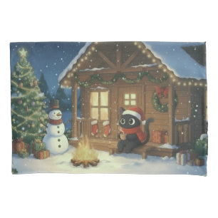 Black Cat Festive Christmas Scene Pillow Case