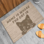 Black Cat Fiber Doormat<br><div class="desc">Cute peeking black cat and text: Home is where the cat is</div>